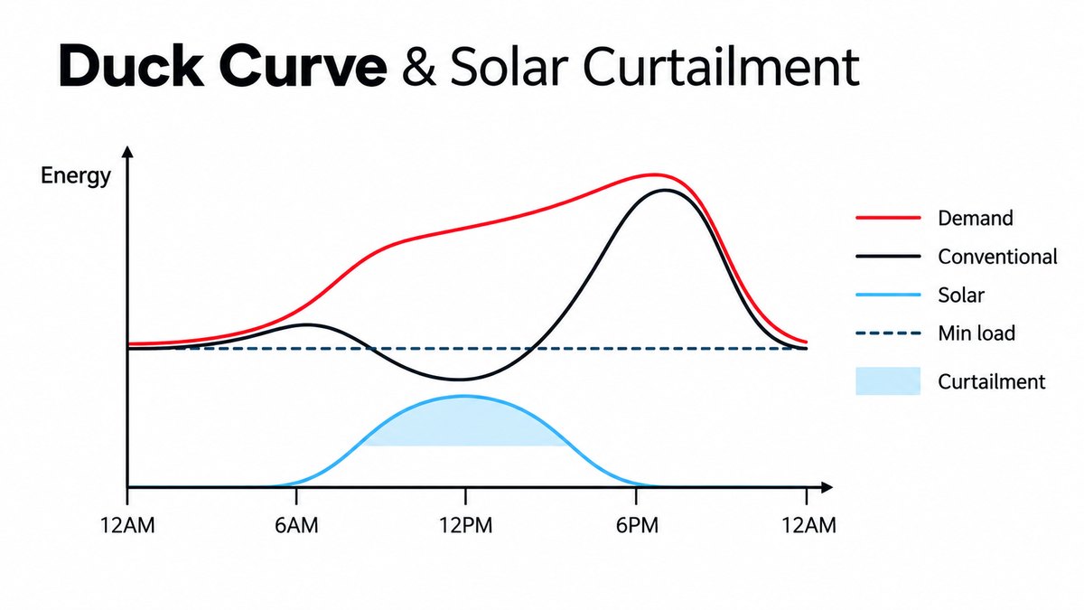 Duck curve and solar curtailment: daily demand, conventional generation and solar output, with the midday solar surplus above minimum load shaded as curtailment.